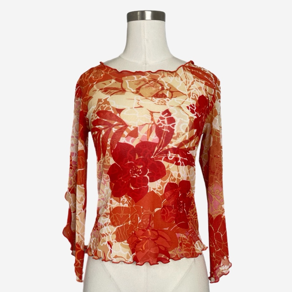 Vintage 90s Clio orange red floral abstract mesh split flare sleeve top XS/S